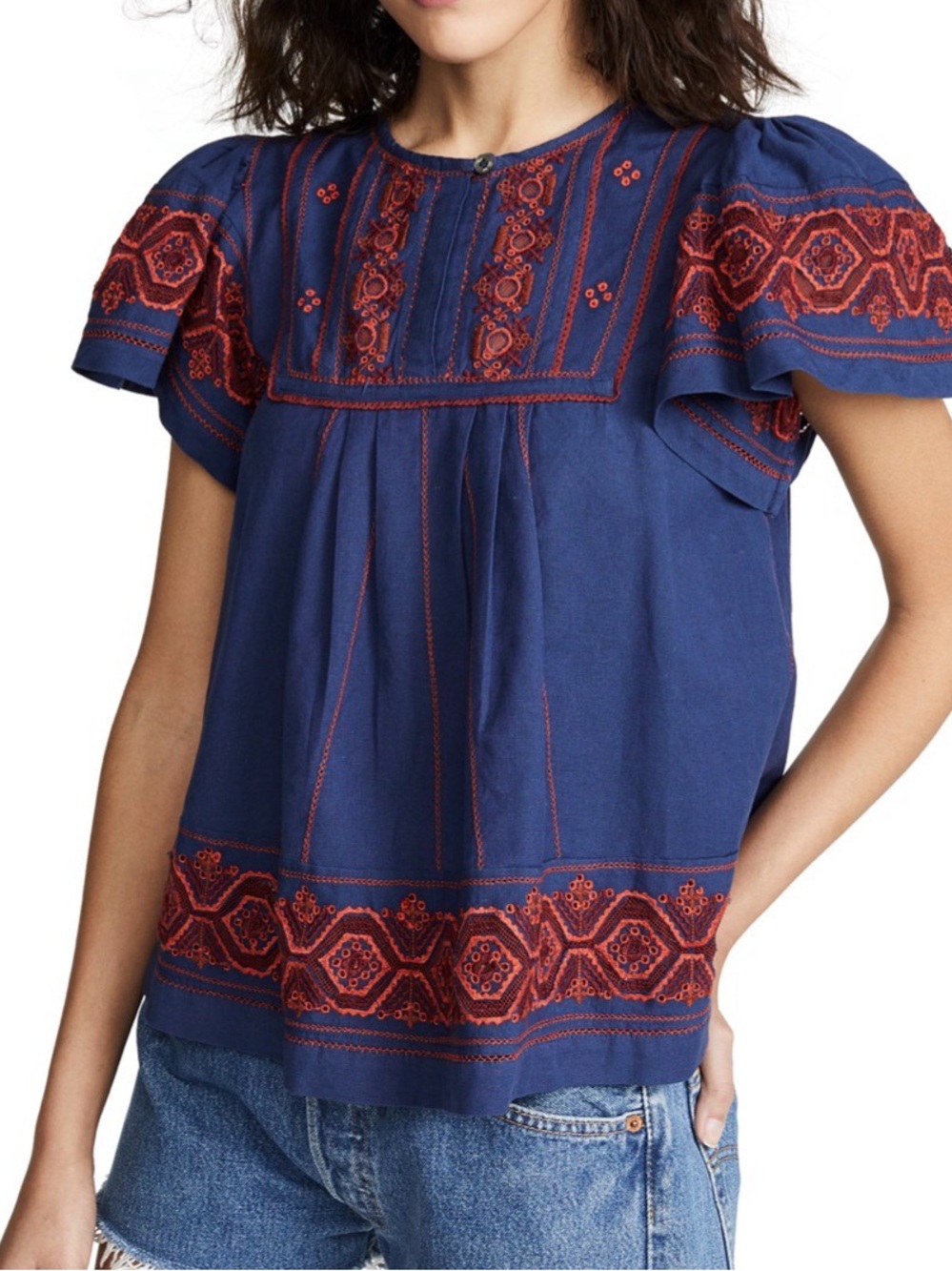 Sea NY Embroidered Flutter-Sleeve Top - Navy with Rust Accents